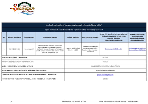 Literal h Resultados de auditorias internas y gubernamentales