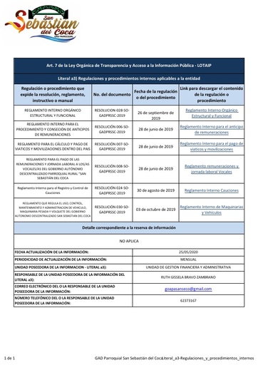 Literal a3 Regulaciones y procedimientos internos