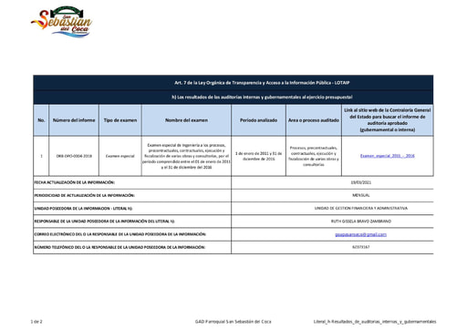 Literal h Resultados de auditorias internas y gubernamentales