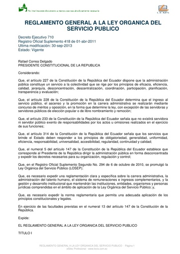 Reglamento General a La Ley Orgánica del Servicio Publico