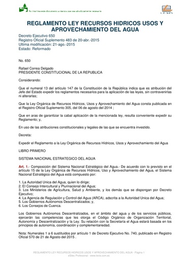 Reglamento Ley Recursos Hídricos Usos y Aprovechamiento del Agua